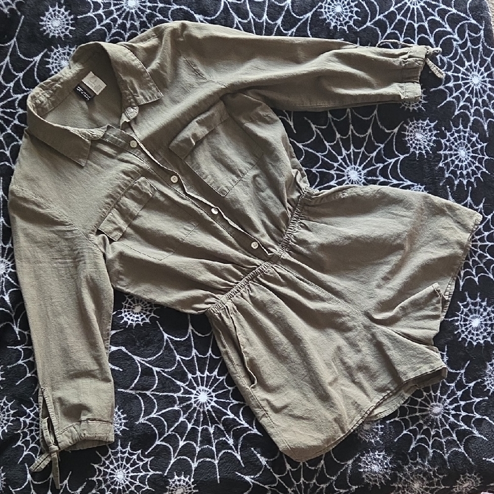 Divided Khaki Button-Up Romper